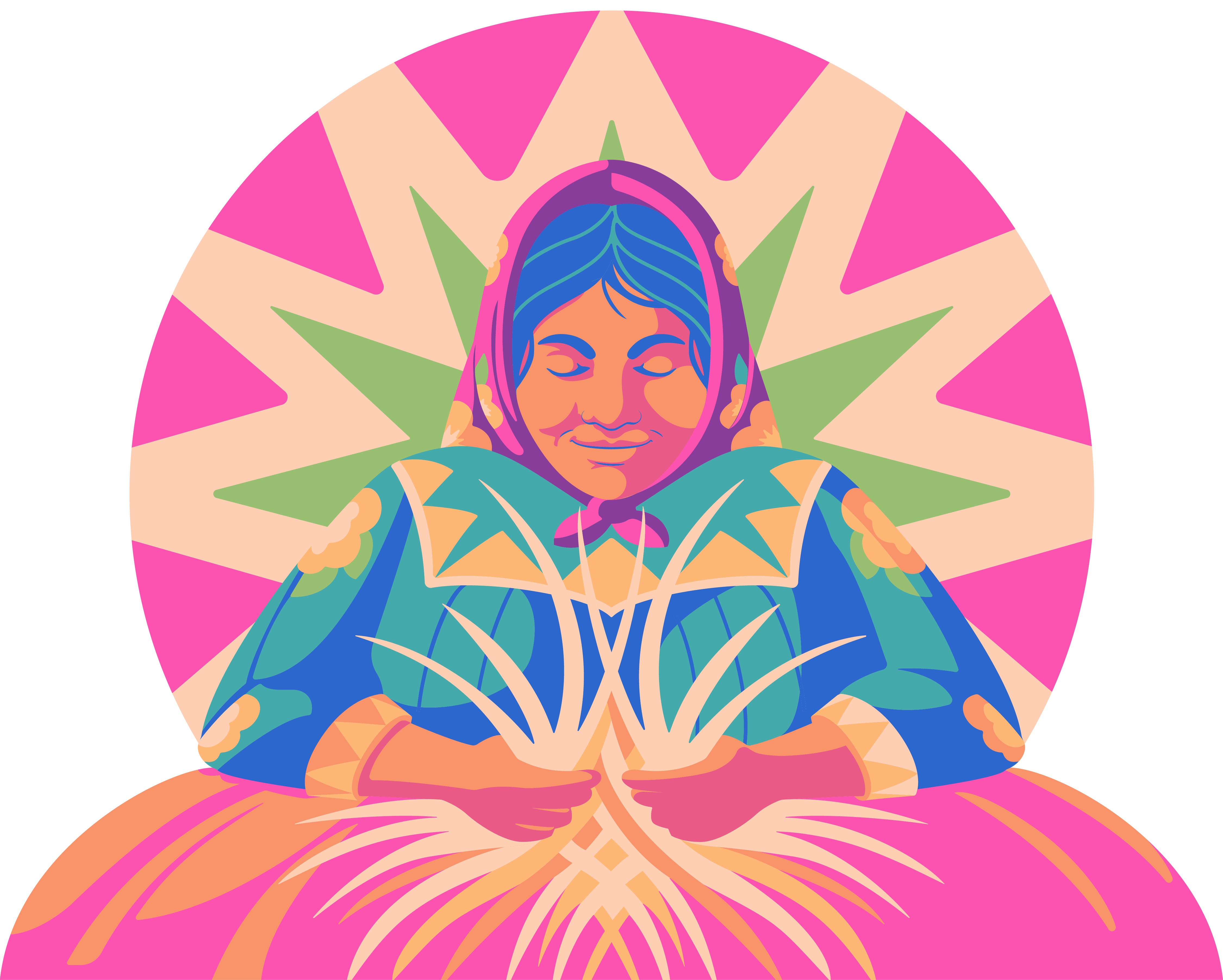 Ilustración colorida de mujer rarámuri tejiendo
