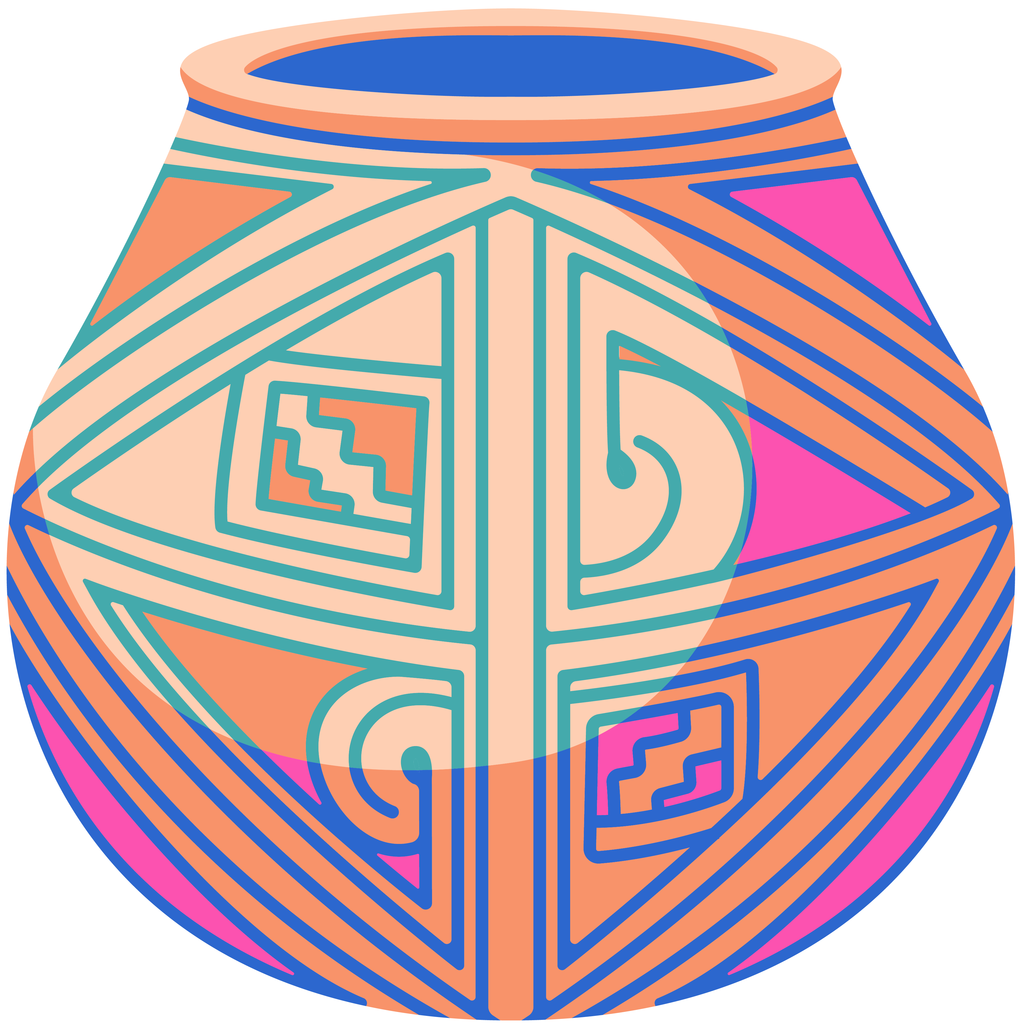 Ilustración de olla artesanal con diseños geométricos tradicionales, parte del estilo visual de FODARCH