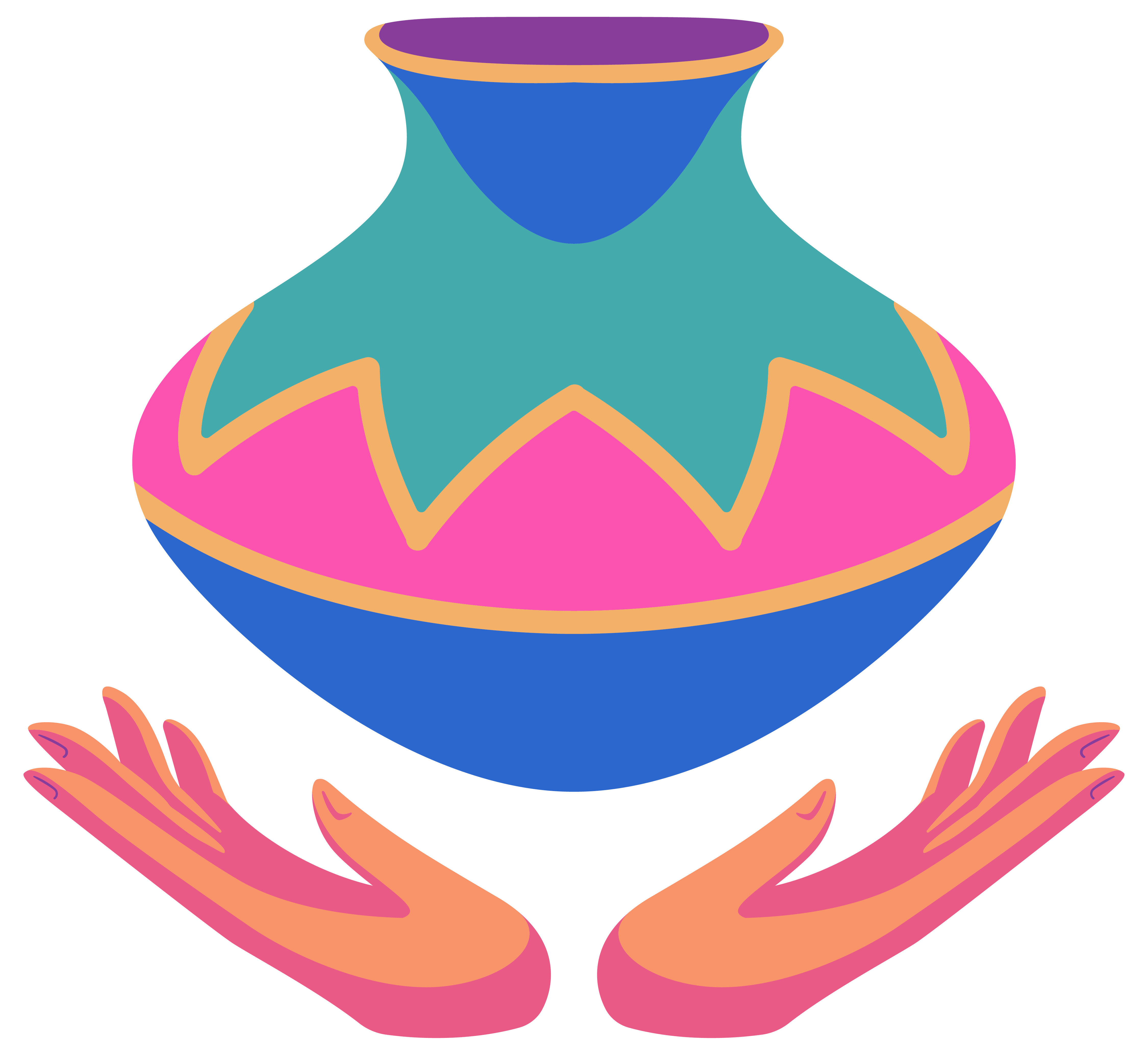 Ilustración de manos sosteniendo una olla artesanal con colores tradicionales, símbolo de cuidado y preservación cultural